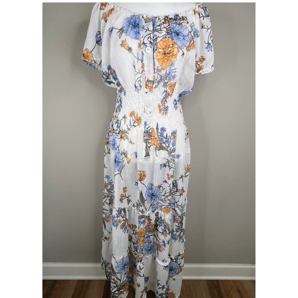 Sheer Floral Tiered Maxi Cottagecore White Smocked Waist Romantic Dress